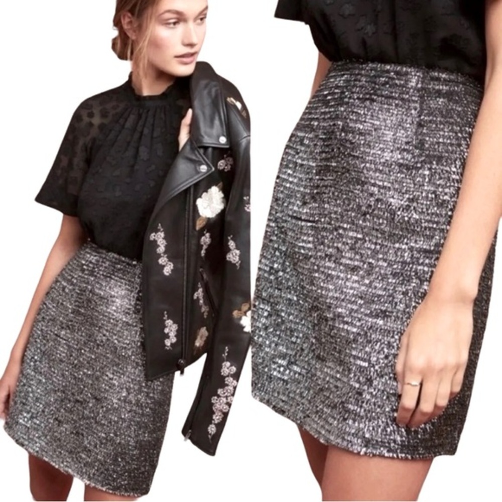 Anthro Hutch Shimmer Sparkle Shiny knee length skirt Silver & Black Tweed L